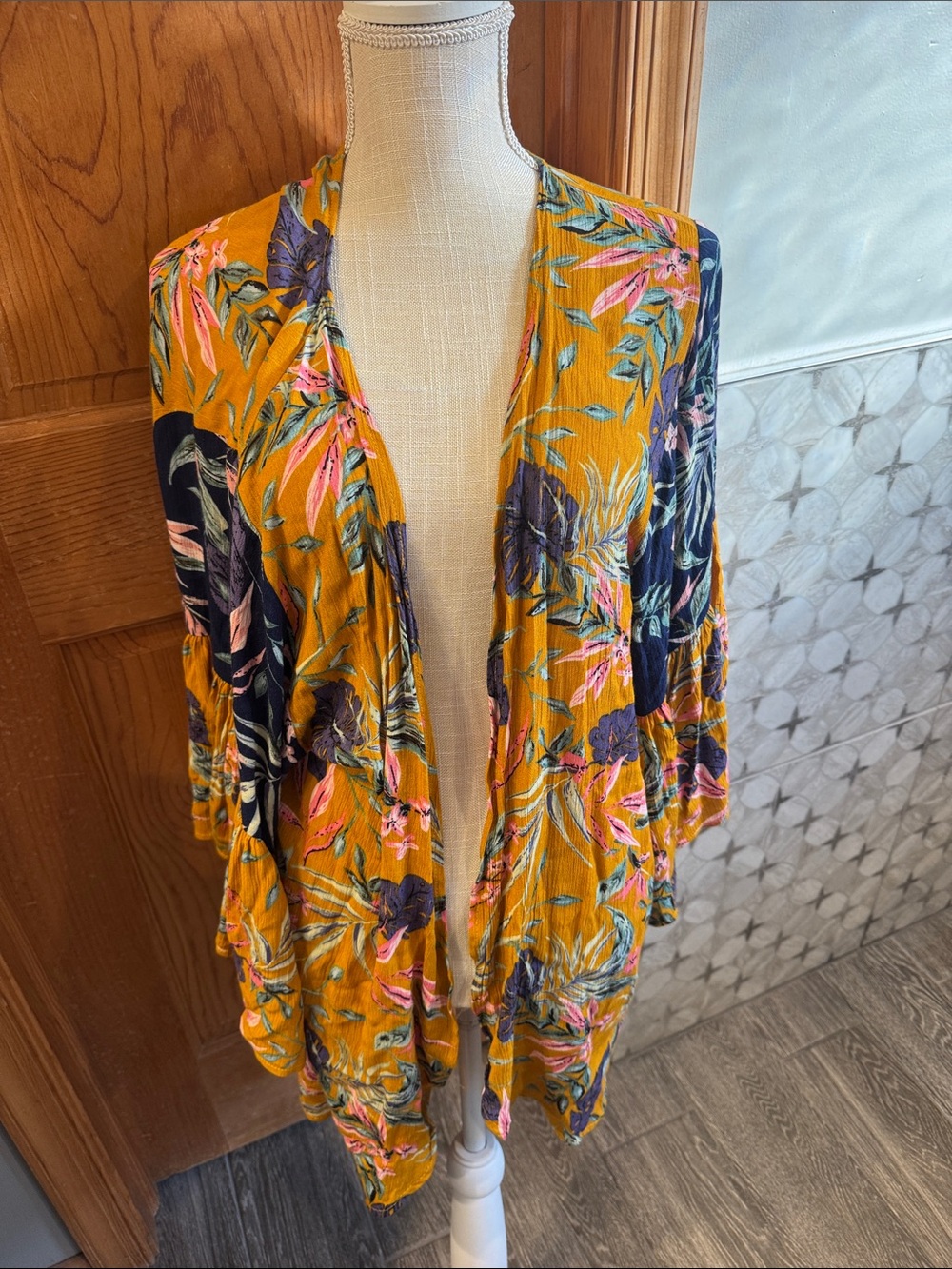 Do everything in love Mustard Floral Kimono Tunic with Pink & Navy Accents